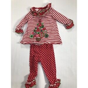 Bonnie Baby Red Christmas Tree Holiday Outfit Ruffled Shirt & Leggings 6-9 M